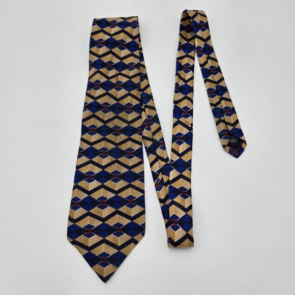 Robert Stewart 1919 Hartford Conn Mens Tie Geometric Gold Blue 100% Silk USA 60 - Picture 3 of 5